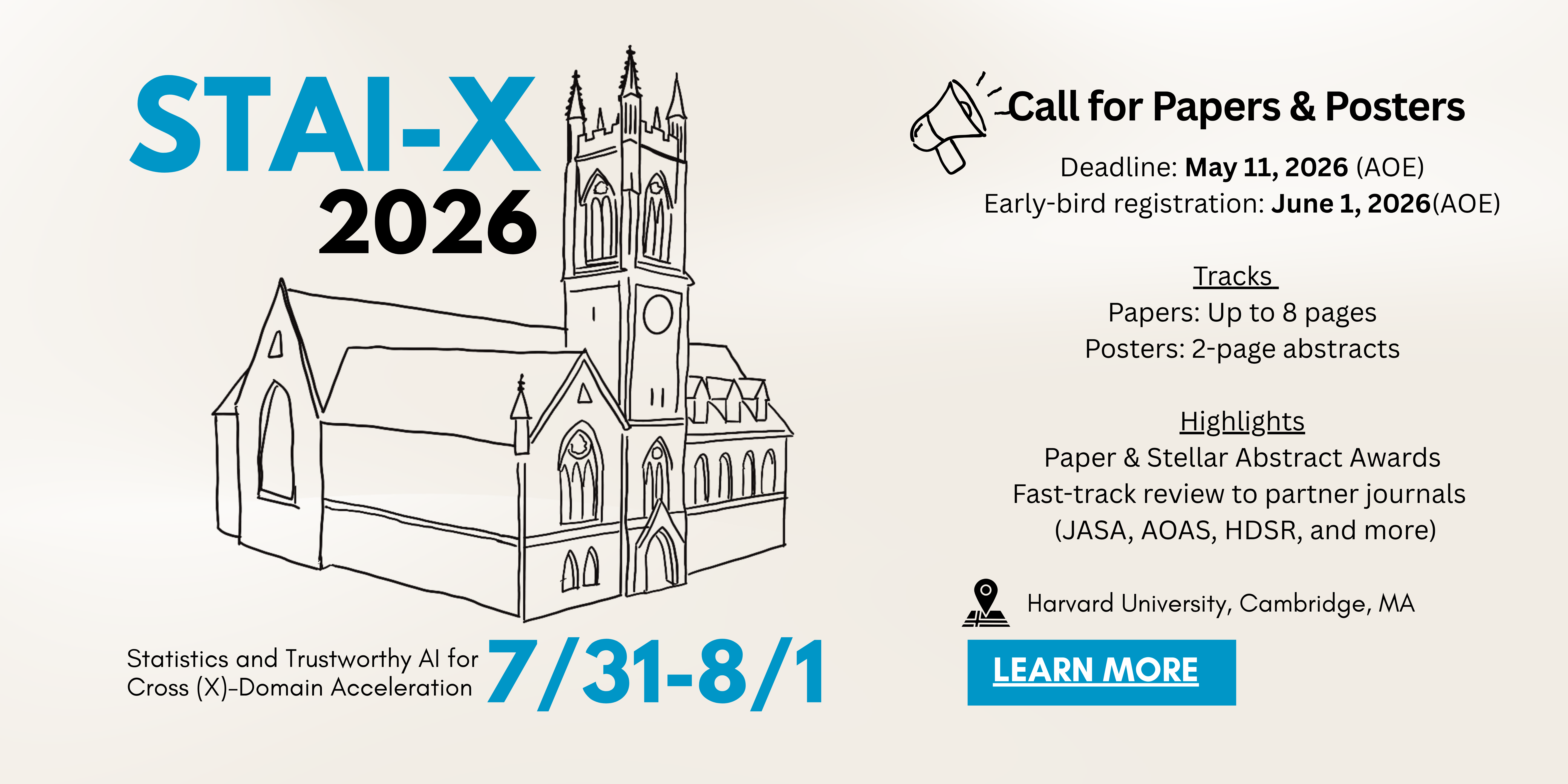 STAI-X 2026 — Statistics and Trustworthy AI for Cross-Domain Acceleration · Harvard University, Cambridge, MA · July 31 – August 1, 2026